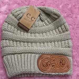 New Unique CC Beige Beanie Hat Leather Tooled McIntyre Patch Western Rodeo Horse